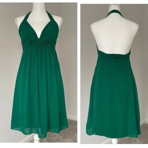 NITELINE Y2K Green Halter Neckline Silk Beaded Dress Size 10 Baby Doll Backless